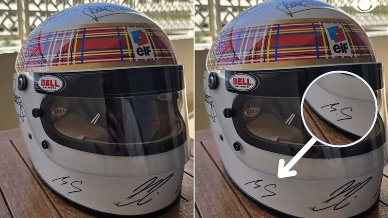 Com ajuda da esposa, Schumacher assina capacete em rara rara aparição em tributo da F-1