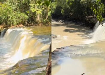 Água barrenta no Rio Urubu fecha cachoeira em Presidente Figueiredo