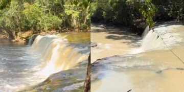 Água barrenta no Rio Urubu fecha cachoeira em Presidente Figueiredo